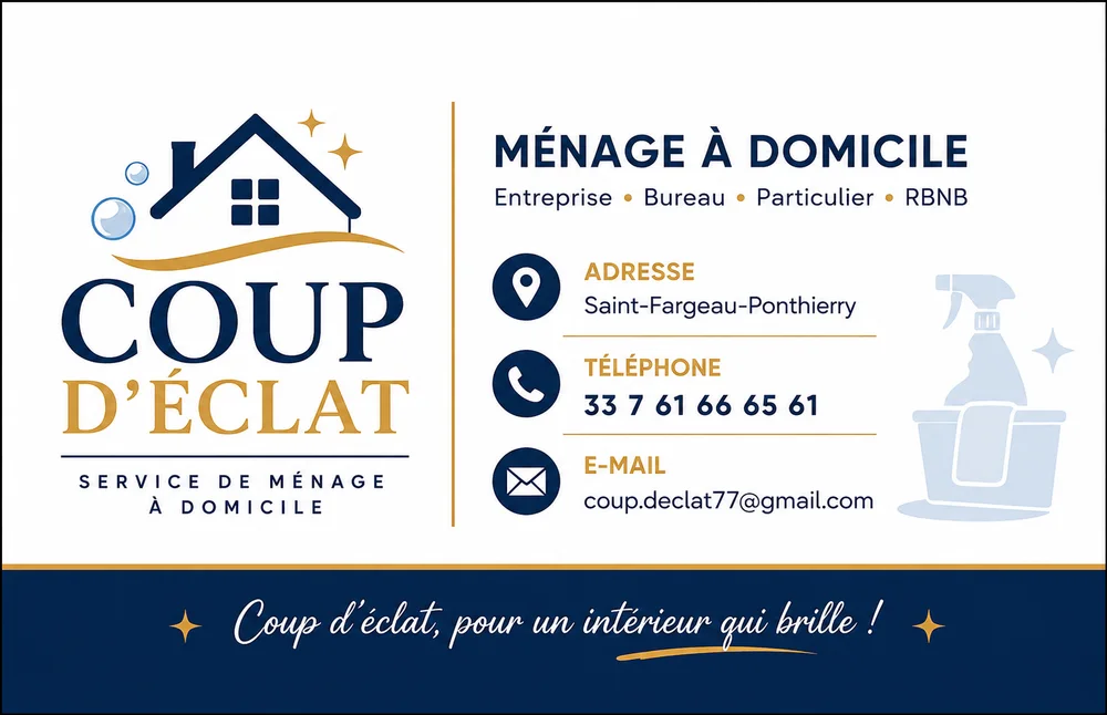 Carte de visite Coup d'Éclat, Service de ménage à domicile à Saint-Fargeau-Ponthierry